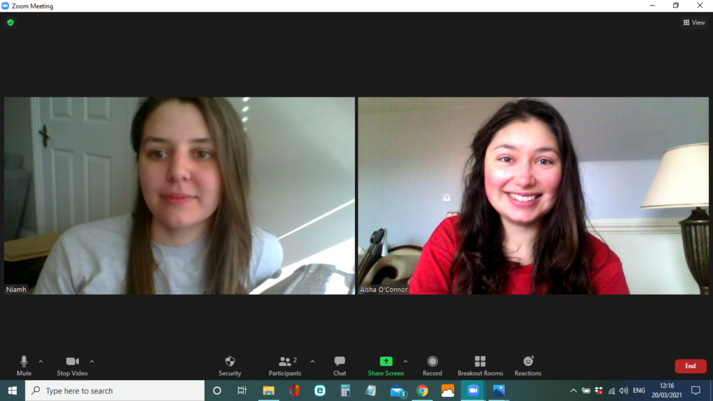 Niamh on the left and Aisha on the right chat on a Zoom call.